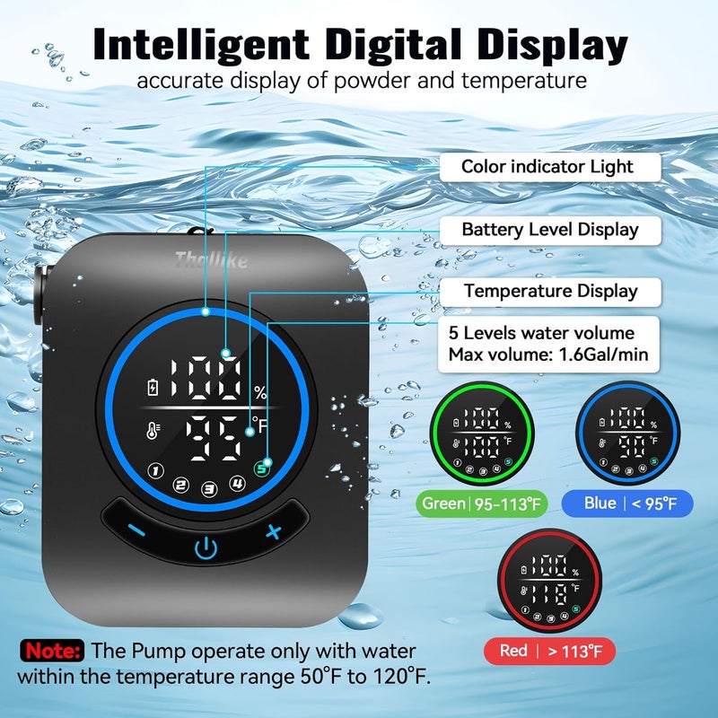 Thallike Upgraded Portable Shower with Heater, 1500W Immersion Heated, 8000mAh Rechargeable Camping Shower Pump with LED Display, IPX8 Waterproof Lightweight Outdoor Shower Pump Kit for Hiking - Image 5